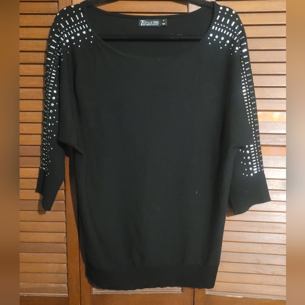 7th Avenue Women's Black Sweater W/ Rhinestone 3/4 Length Sleeves Relax Fit Sz M - Picture 3 of 13